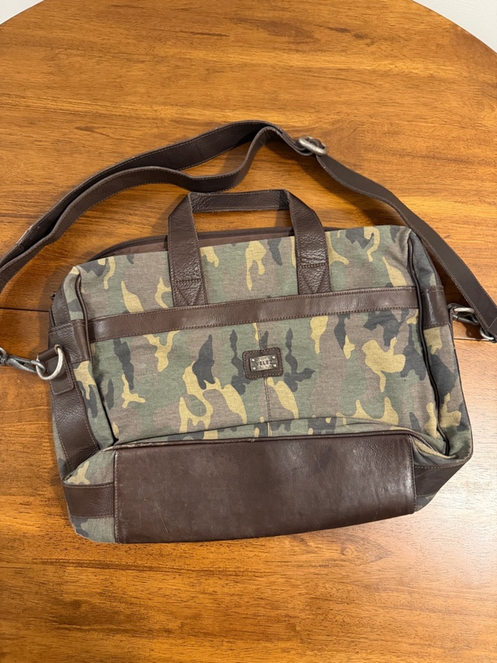 Camo Canvas Messenger Bag with Brown Leather Trim